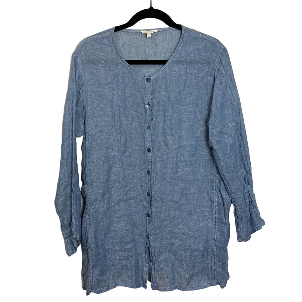 Eileen Fisher 100% Linen Blue Button-Down Tunic | Size Small